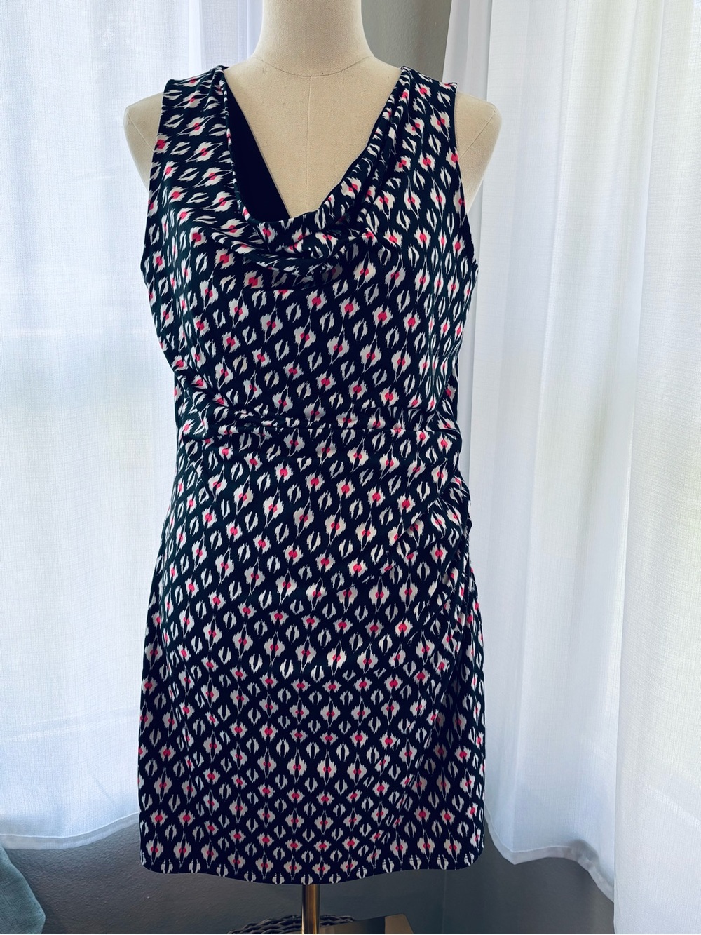 Athleta Reversible Black Printed Cowl-Neck Dress with Pink White Accents Stretch